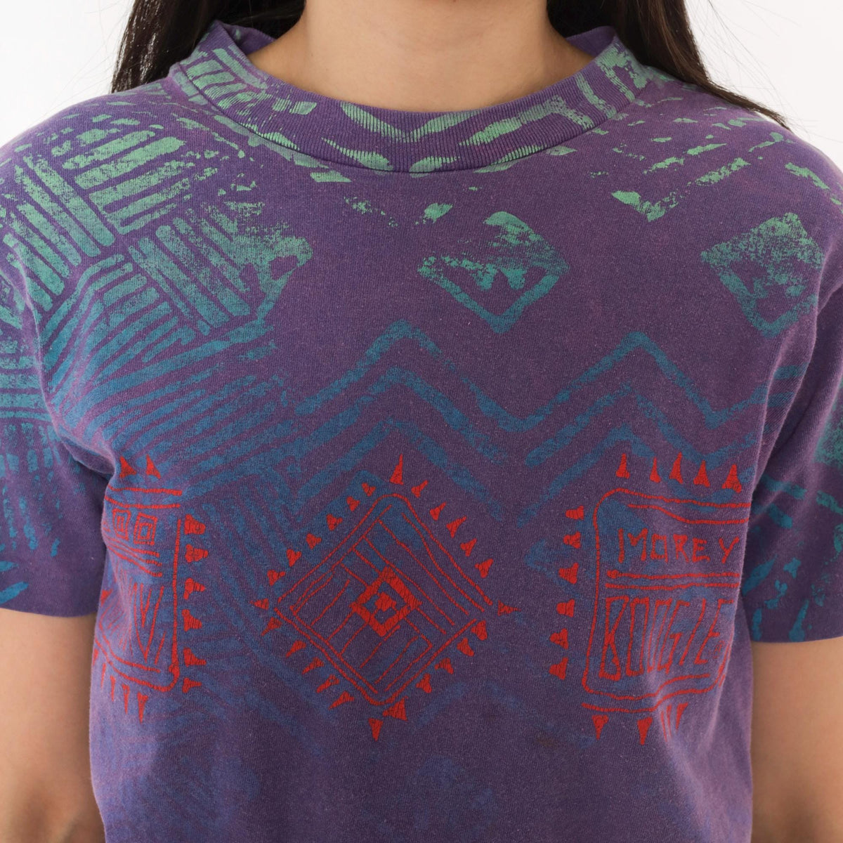 90s Morey Boogie All Over Print Tee Purple Teal Geometric Tribal Cotton XS