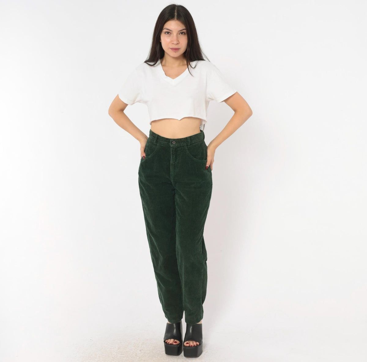 Benetton Emerald Corduroy High-Waist Pants 80s Forest Green Cotton Trousers XS