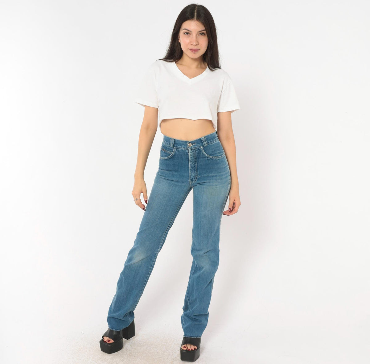 80s Flyers High Waist Straight Leg Jeans Medium Wash Cotton Blue Extra Small XS