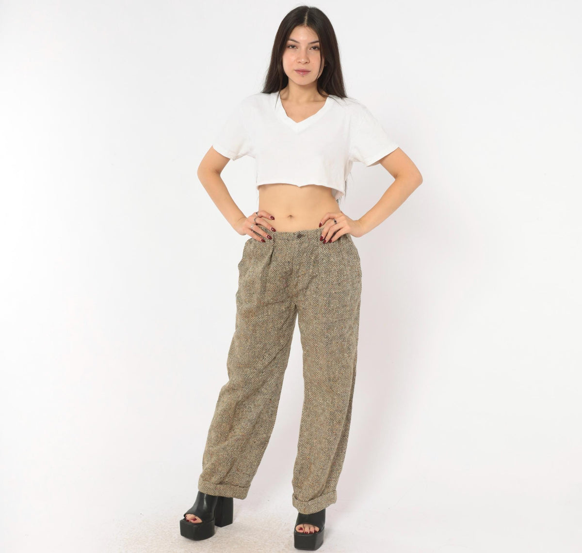 70s Herringbone Tweed Wool Pleated Trousers Tan Cream High Rise Medium