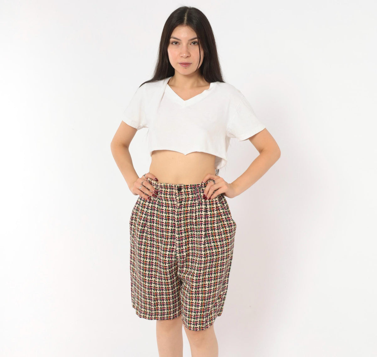 90s For Pete's Sake Houndstooth Pleated Bermuda Shorts Multicolor Linen Small