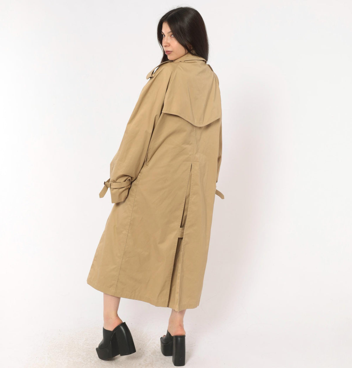 80s Tan Trench Coat Double Breasted Nova Check Lining Mens Medium