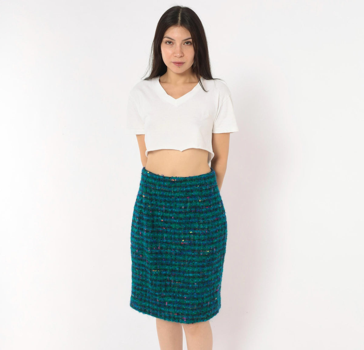 2000s Jones New York Teal Bouclé Pencil Skirt Wool Mohair Knee Length Small