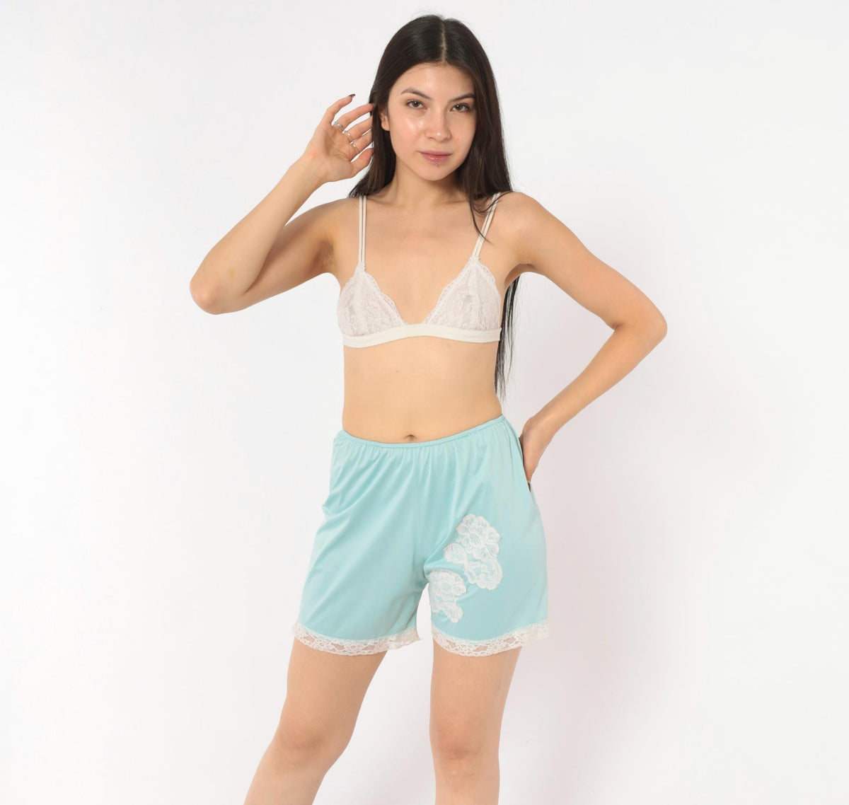 70s Penneys Light Blue Nylon Bloomers White Floral Lace Appliqué Tap Pants Small Medium