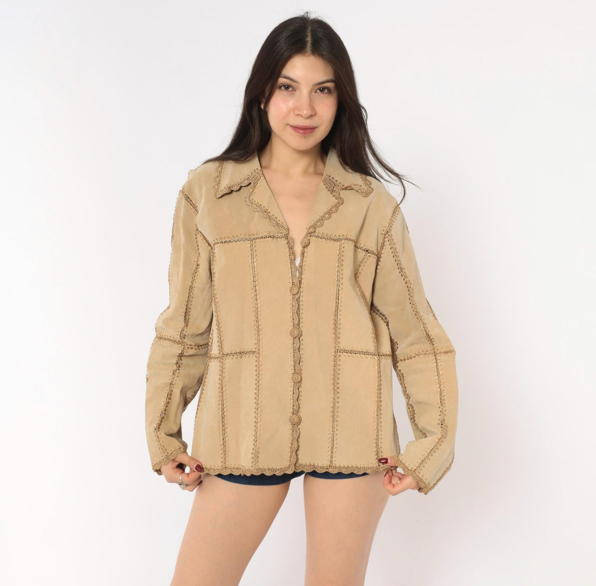 2000s Tan Suede Patchwork Jacket Crochet Trim Button Front Medium