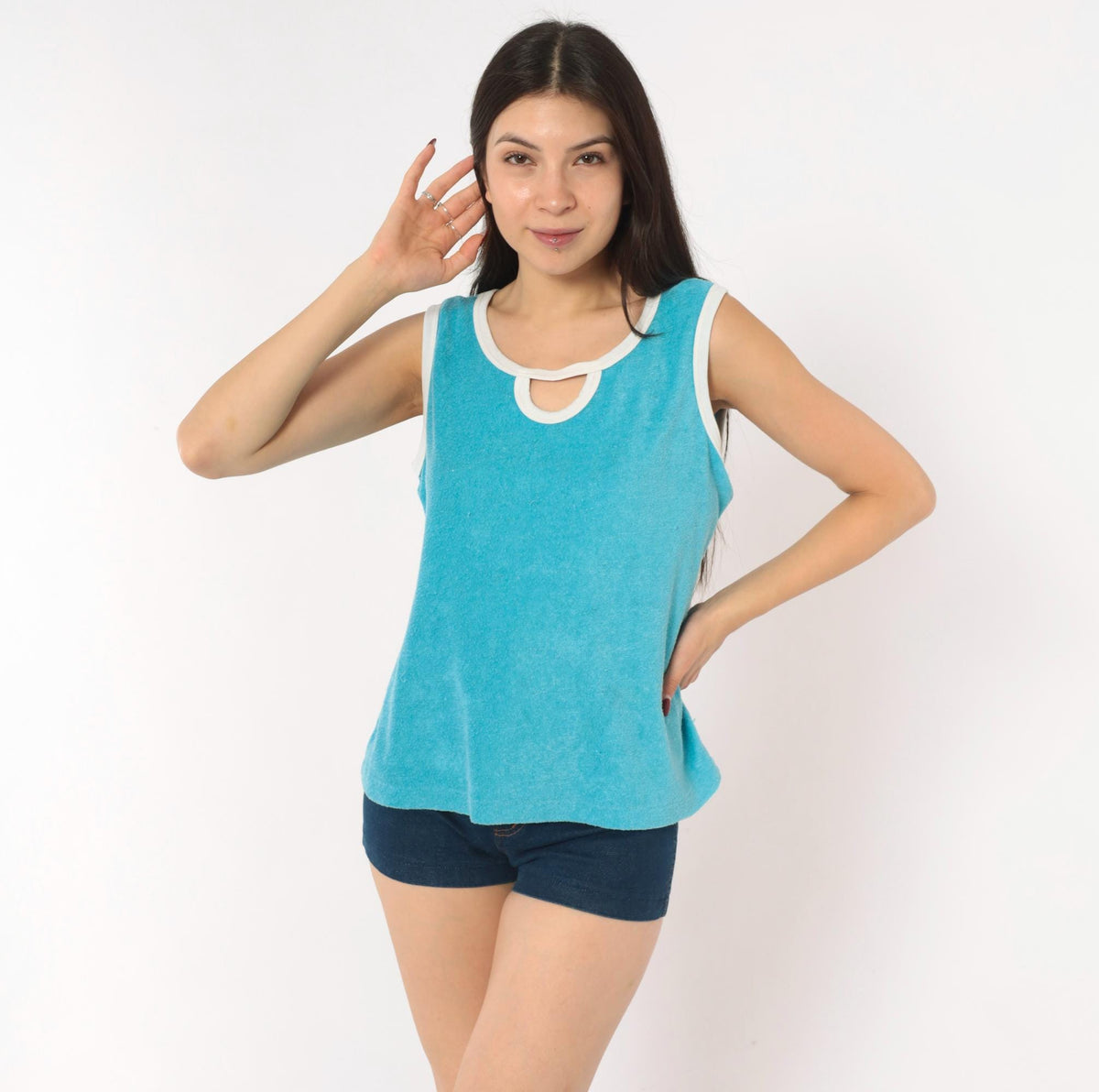 70s Sky Blue Terry Cloth Tank Keyhole Neckline White Trim Medium