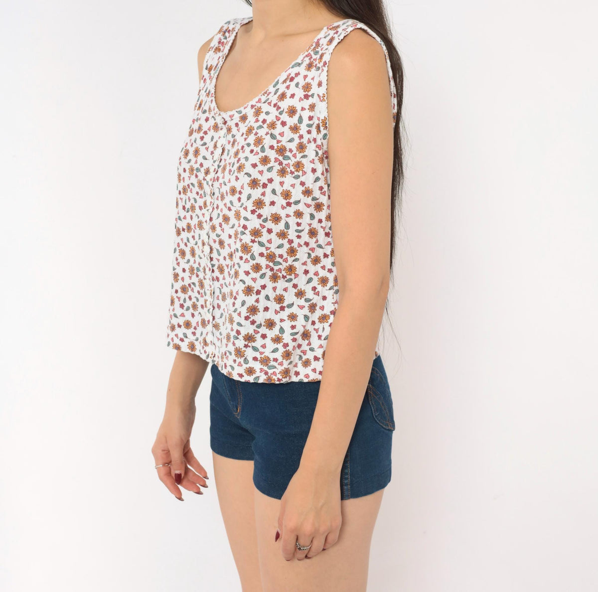 90s Denim Republic Floral Button Tank Sunflower Heart Print White Large L