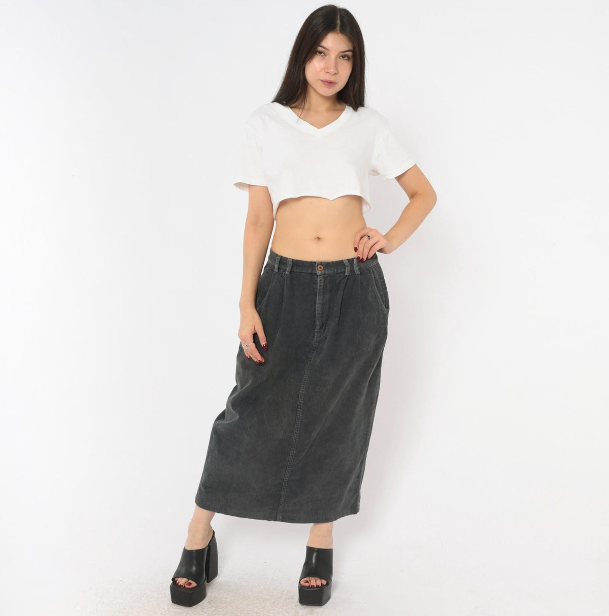 80s Gina Peters Charcoal Corduroy Midi Skirt Pleated High Waist Small
