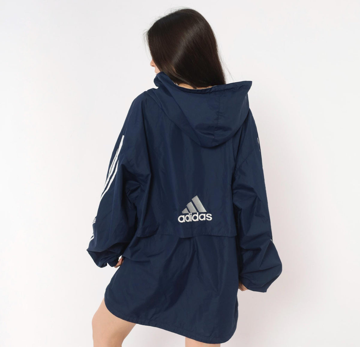 Y2K Adidas Navy Windbreaker Anorak Hooded Pullover White Stripe Extra Large XL