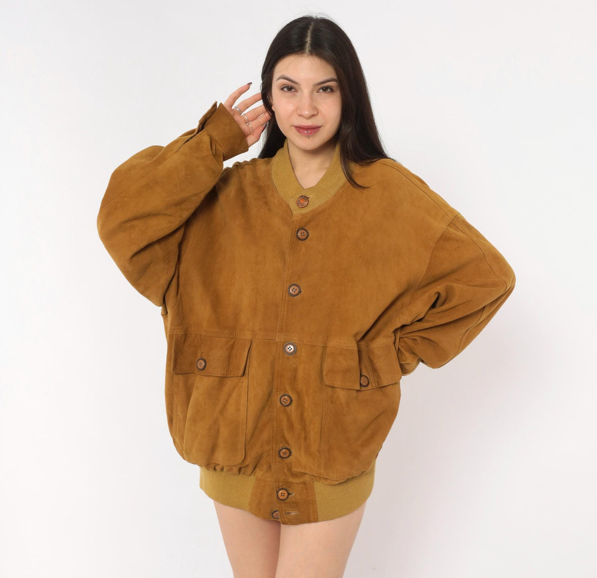 80s Rely Mustard Suede Bomber Jacket Knit Collar Button Front Medium