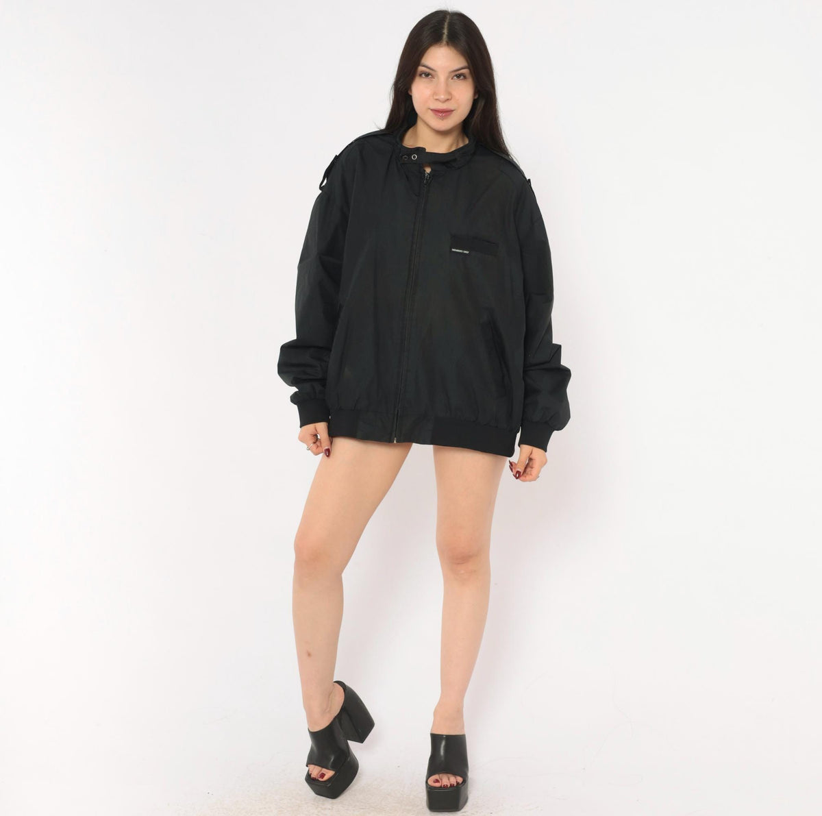 90s Members Only Bomber Jacket Black Nylon Stand Collar Extra Large XL