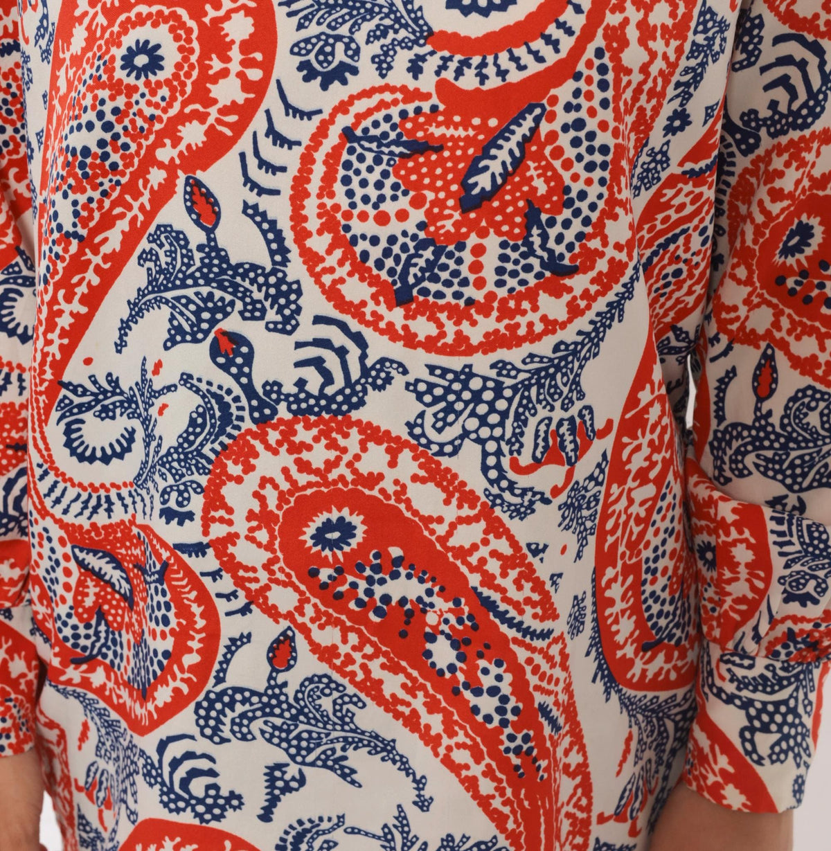 70s Paisley Mock Neck Blouse Red Navy Bishop Sleeve Tunic Medium M
