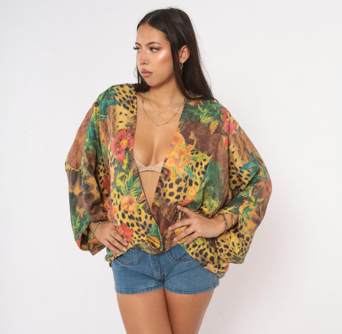 90s Silk Kimono Jacket Tropical Leopard Print Yellow Green Small