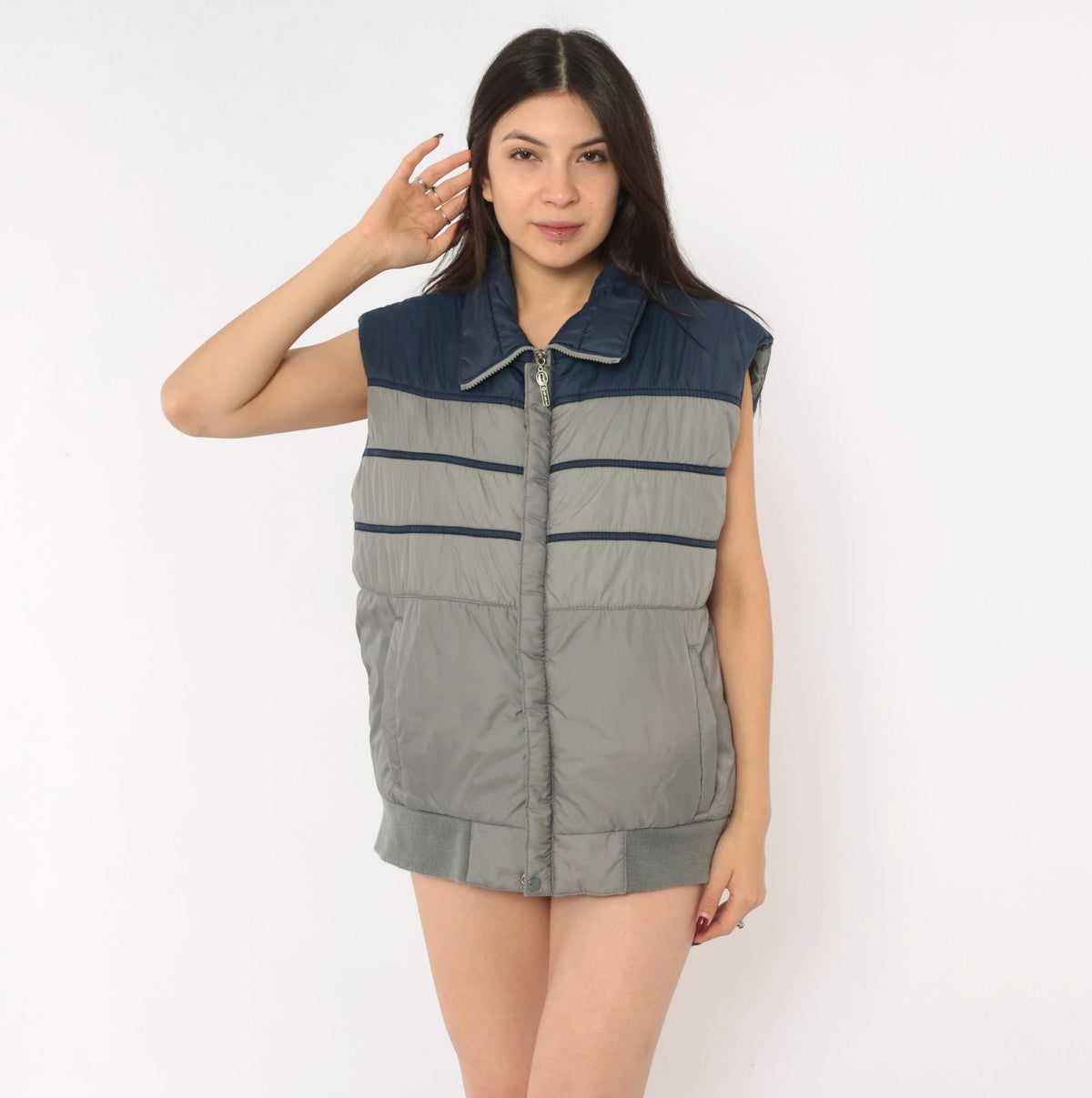 80s Ossi Navy Grey Color Block Puffer Vest Quilted Mens Medium