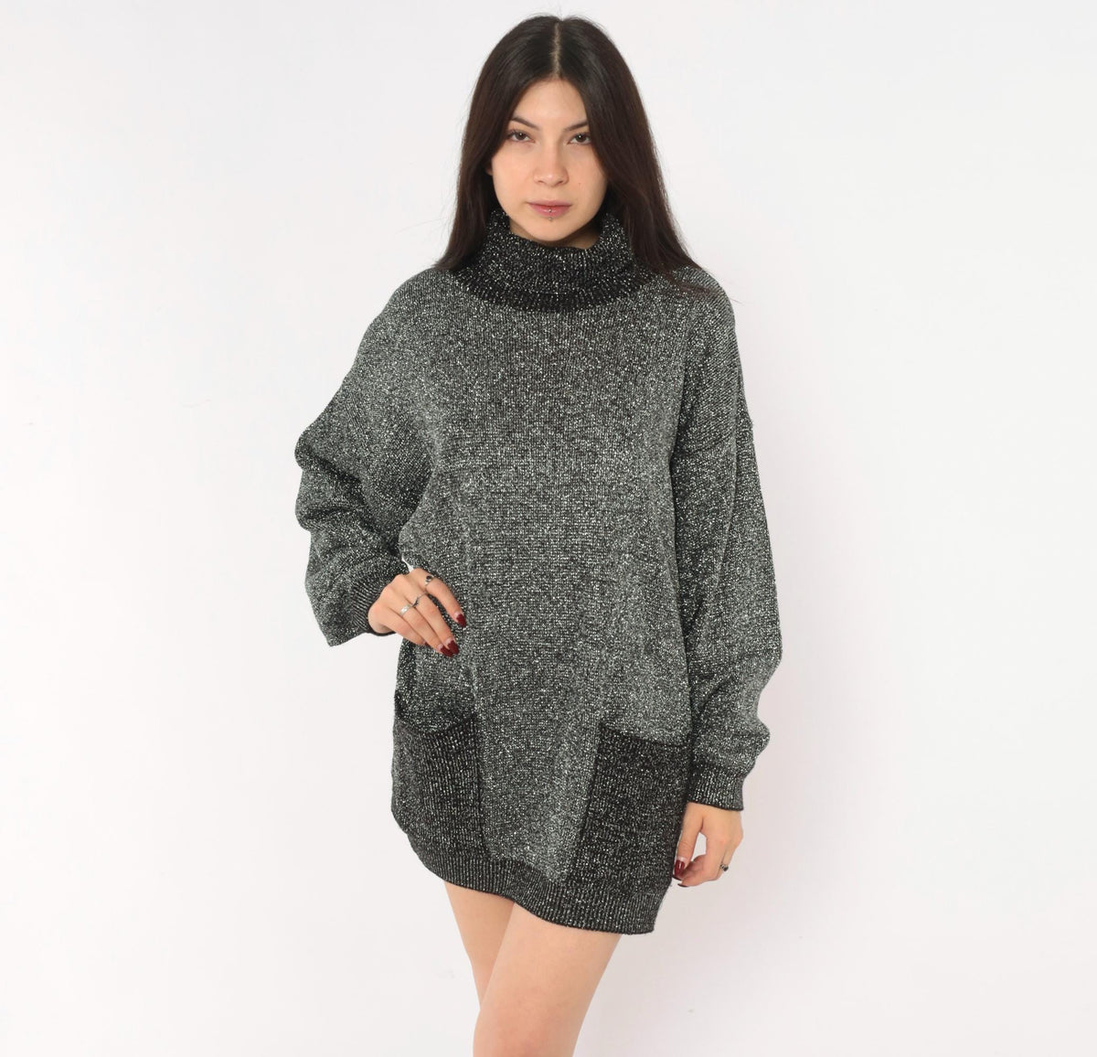 80s Black Silver Lurex Knit Mini Dress Cowl Turtleneck Balloon Sleeve Medium
