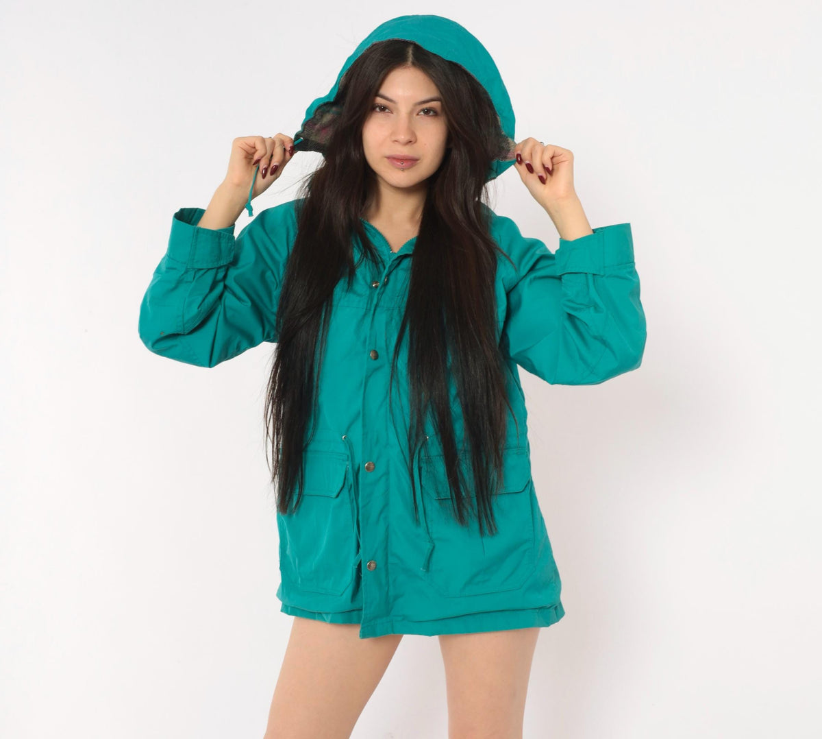 80s Woolrich Teal Hooded Parka Plaid Lined Windbreaker Small
