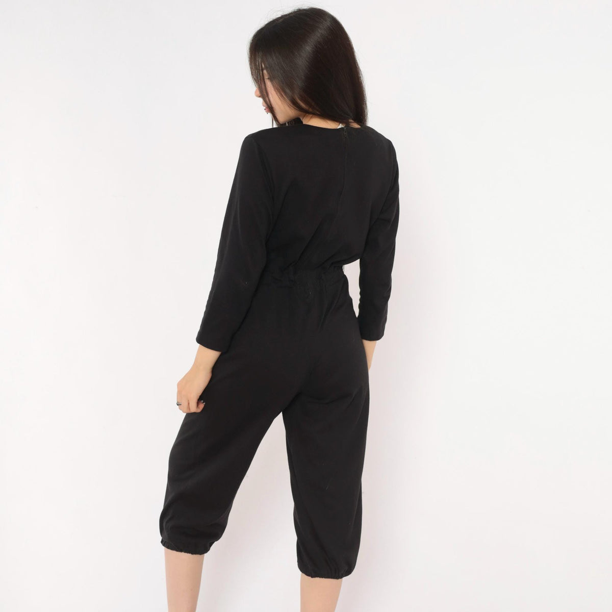 80s Black Jumpsuit Cropped Leg Three Quarter Sleeve Scoop Neck Small