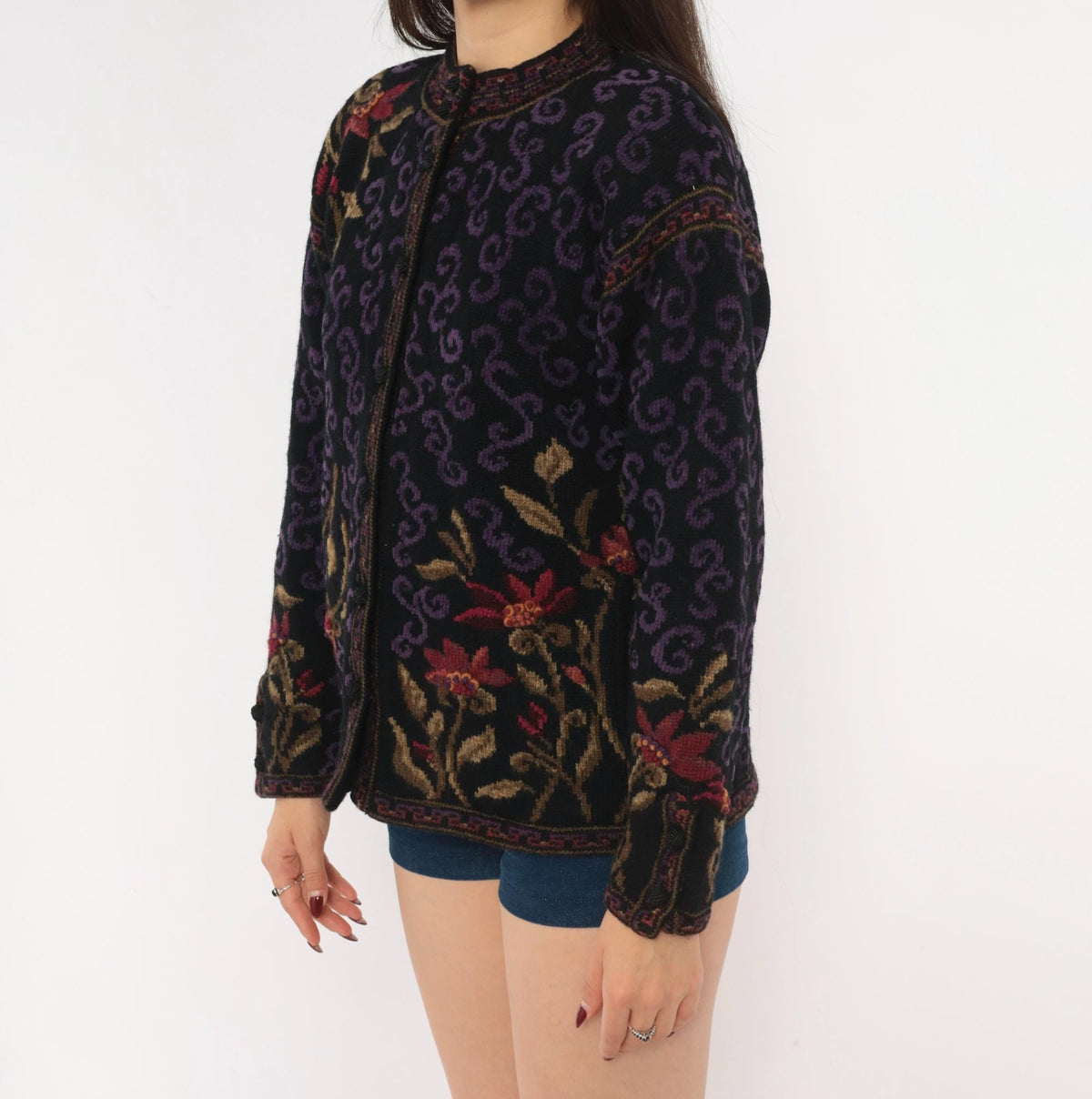 80s Icelandic Design Wool Cardigan Black Purple Floral Jacquard Small