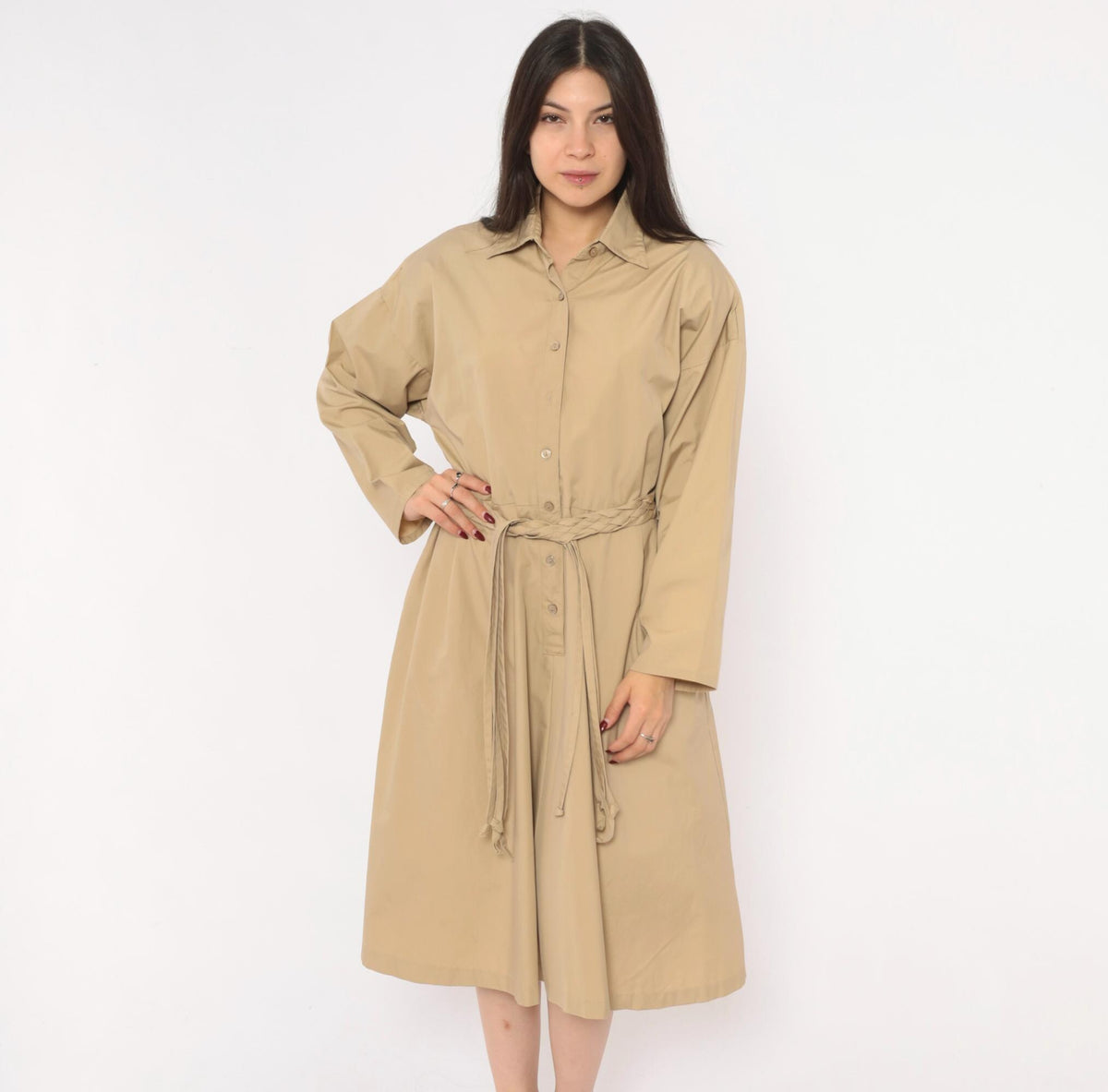 80s Tan Shirt Dress Braided Belt Pointed Collar A-Line Knee Length Large