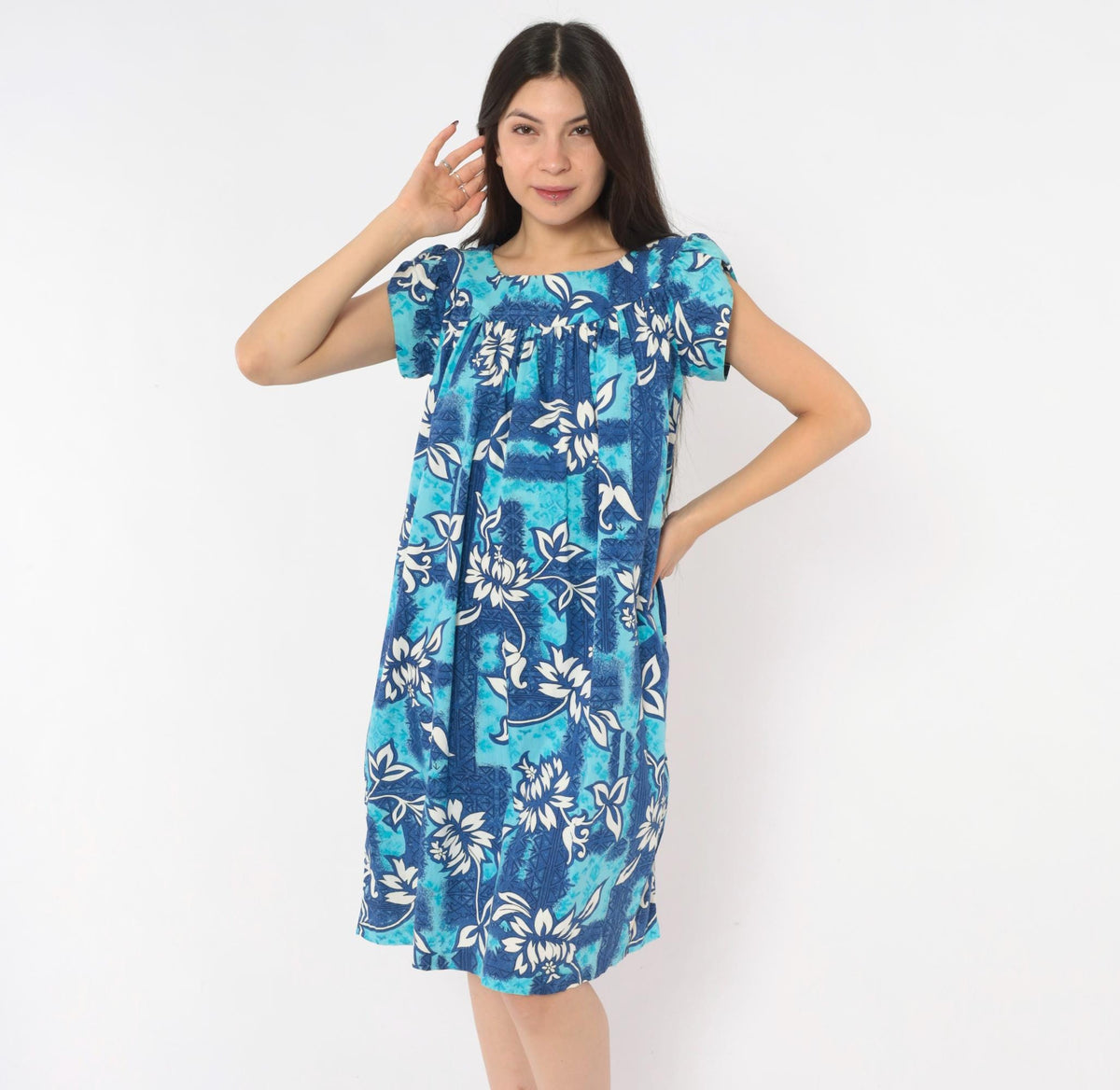80s Made In Hawaii Muumuu Dress Blue Floral Cotton Knee-Length Medium
