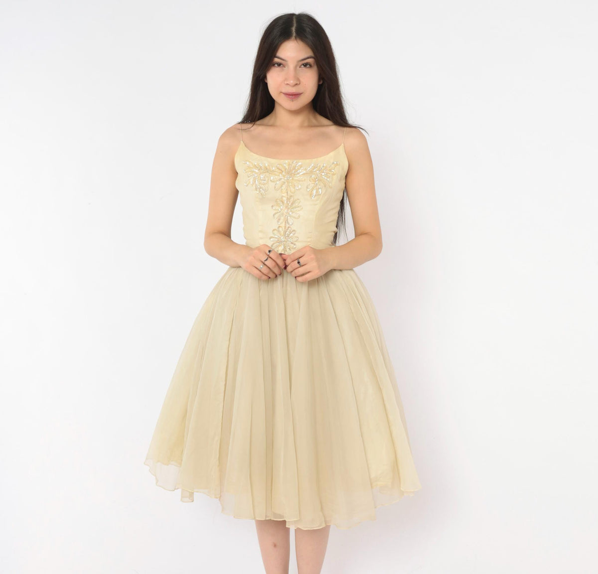 1950s Cream Sequin Floral Party Dress Full Skirt Chiffon Extra Small XS