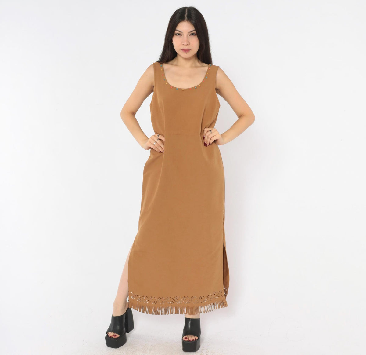 Jessica Howard 2000s Tan Faux Suede Maxi Dress Beaded Scoop Neck Fringe Medium M