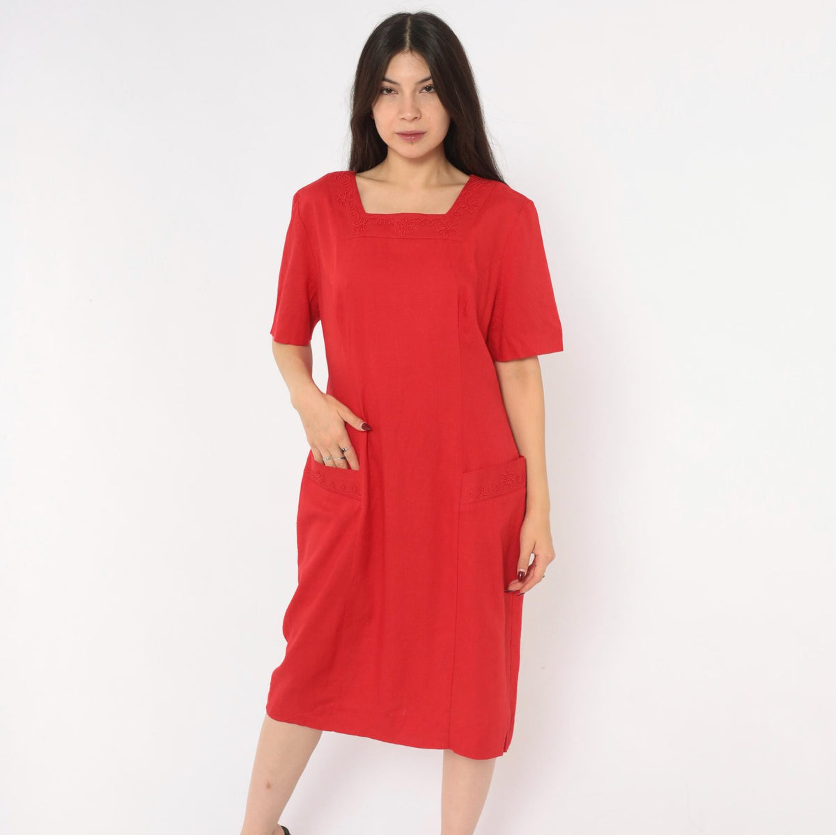 80s Lanz Originals Red Shift Dress Square Neck Soutache Embroidery Large L
