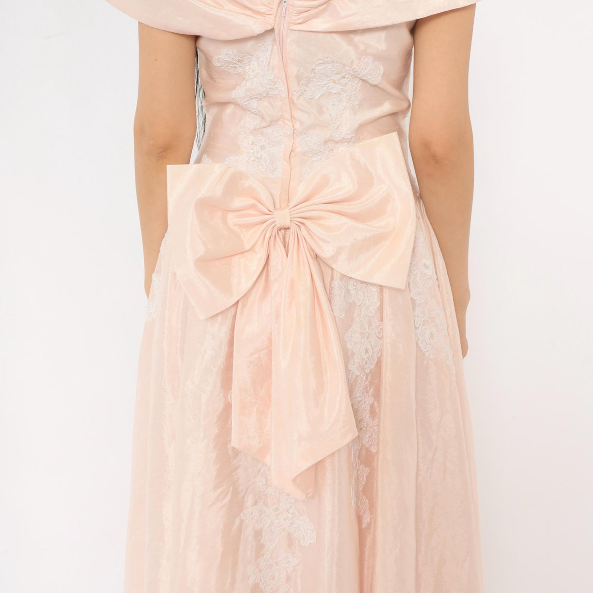 80s Eden Bridal Blush Pink Maxi Gown Off-Shoulder Sweetheart Bow Back Medium