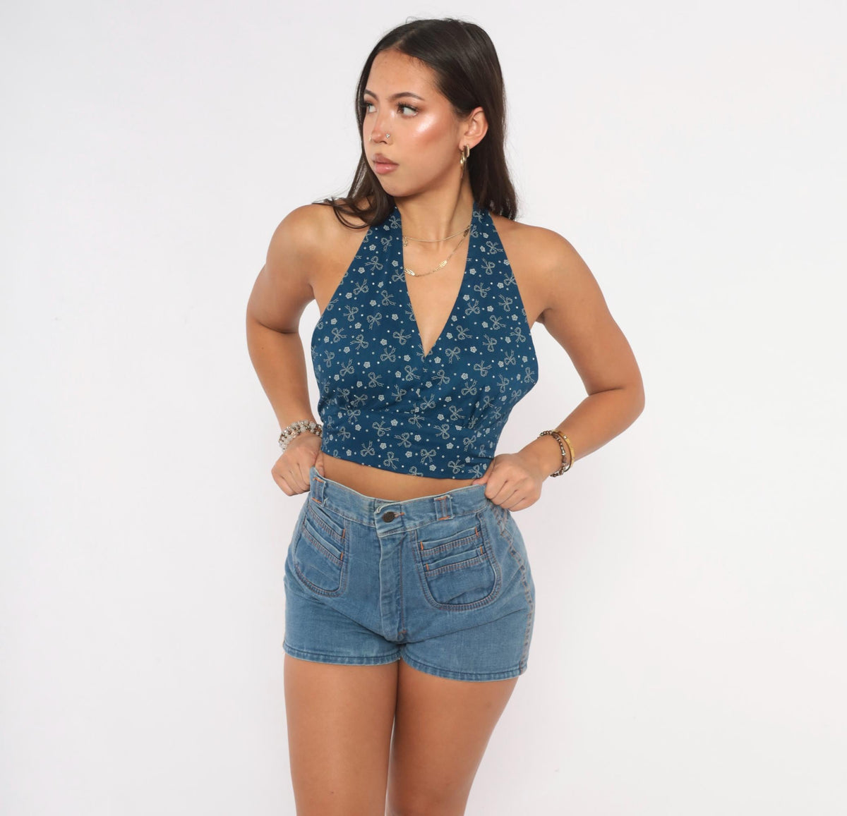 70s Navy Halter Crop Top White Bow Floral Star Print Deep V Backless Small