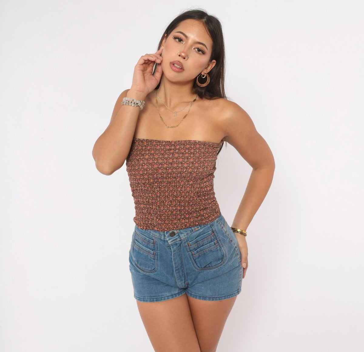 70s Brown Floral Tube Top Shirred Strapless Crop Ditsy Print Small