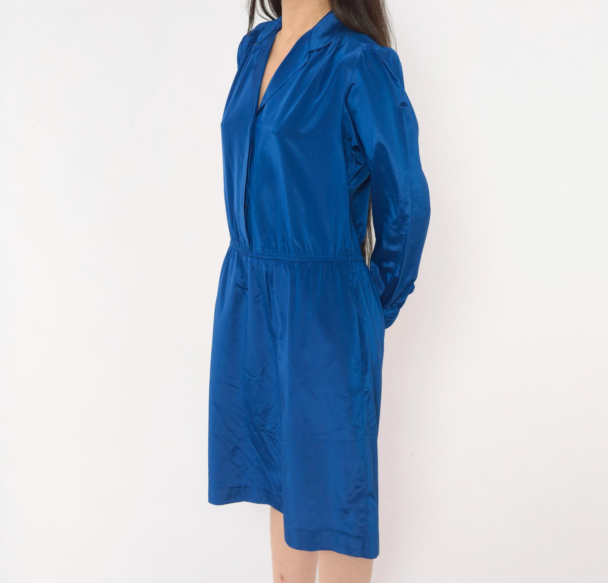 80s Cobalt Blue Satin Shirt Dress V Neck Gathered Waist Knee Length Medium M