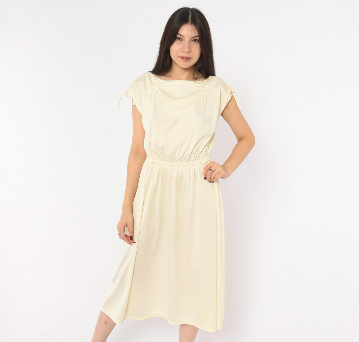 70s Cream Cap Sleeve Dress Ivory A-Line Midi Bow Detail Scoop Neck Small