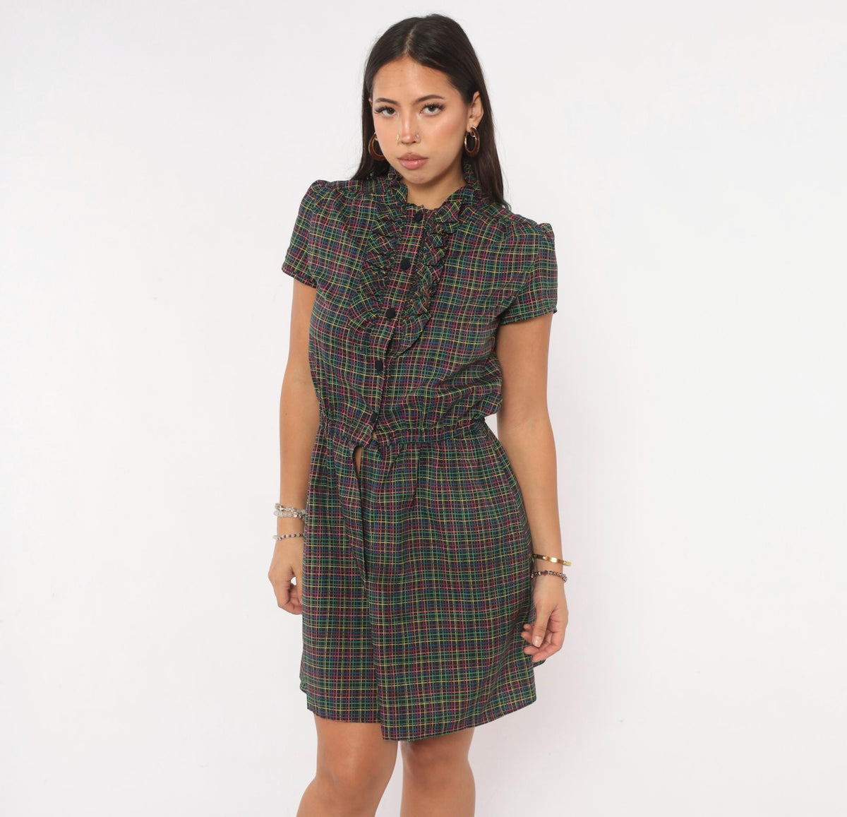 70s Plaid Dress Black Pink Green Yellow Check Ruffle Mock Neck Puff Sleeve Small