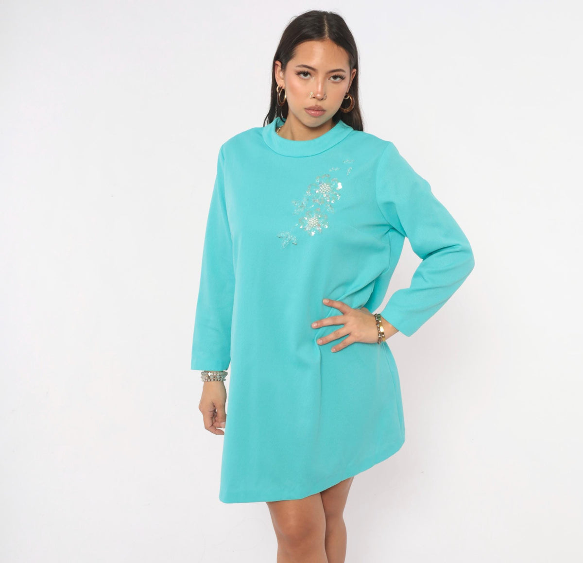 70s Teal Shift Dress Beaded Sequin Floral Mock Neck Long Sleeve A-Line Plus Size Extra Large