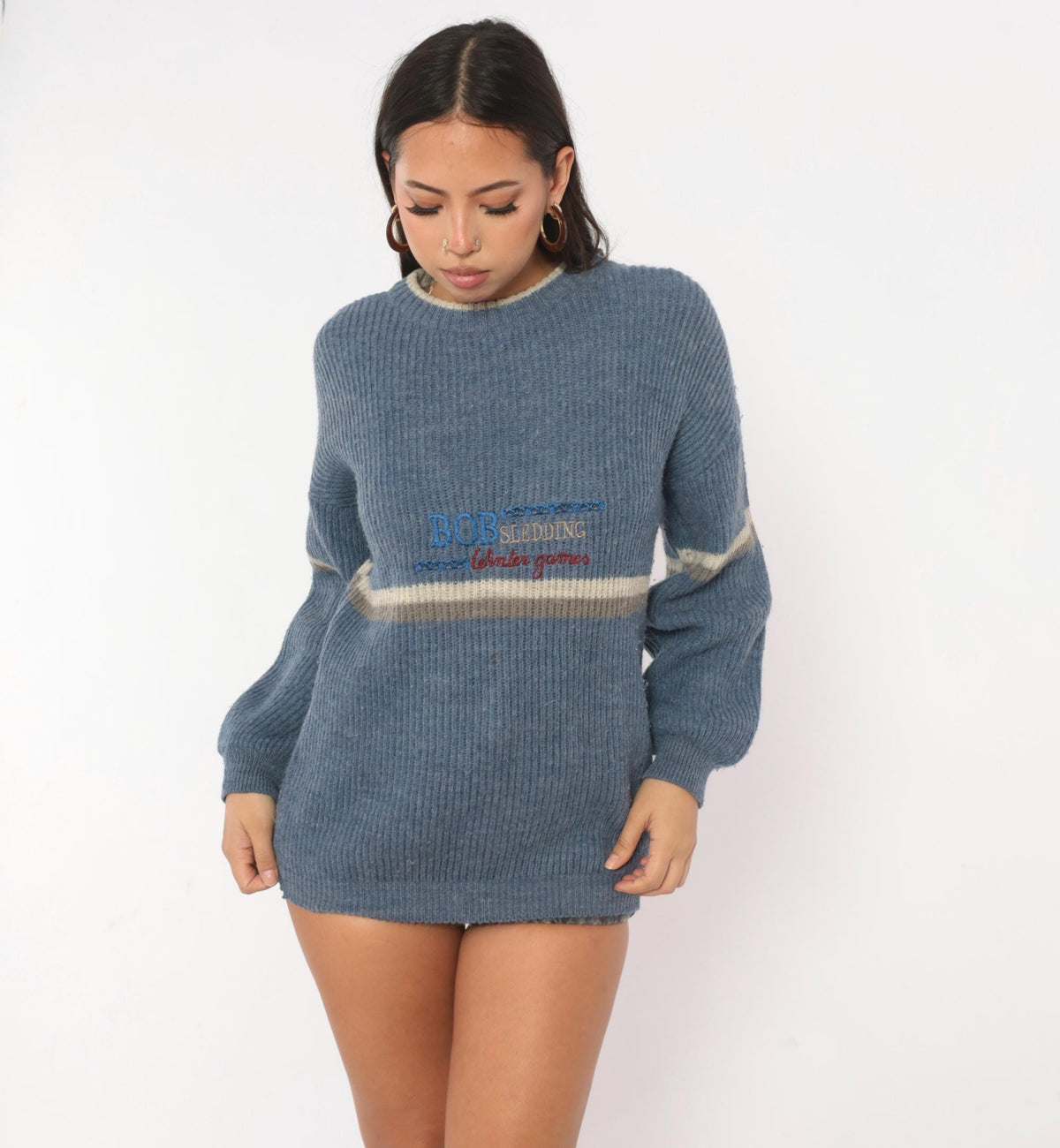 80s Bobsledding Winter Games Wool Knit Pullover Blue Cream Stripe Medium