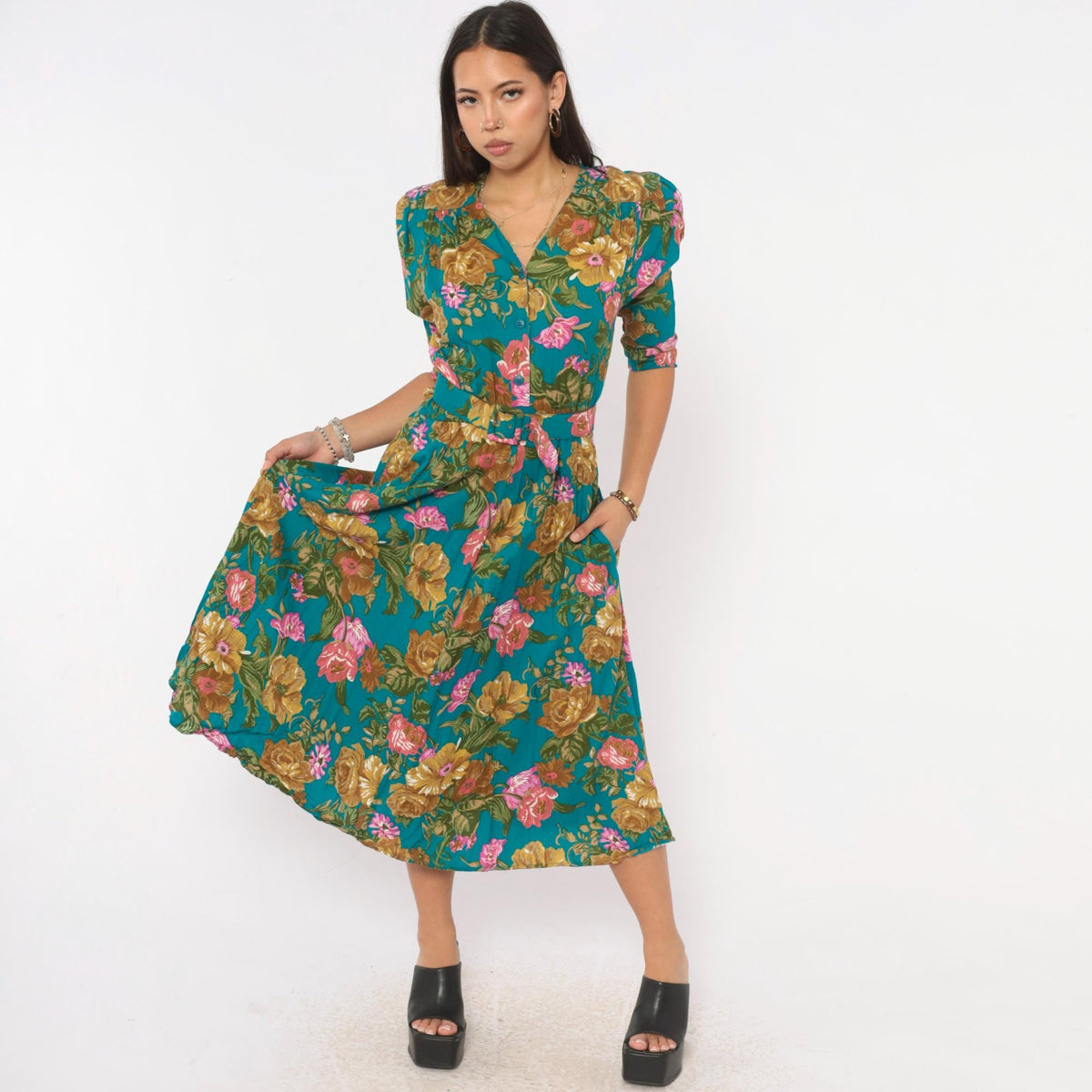 90s Carol Anderson Teal Floral Midi Dress Puff Sleeve Button Front Small S