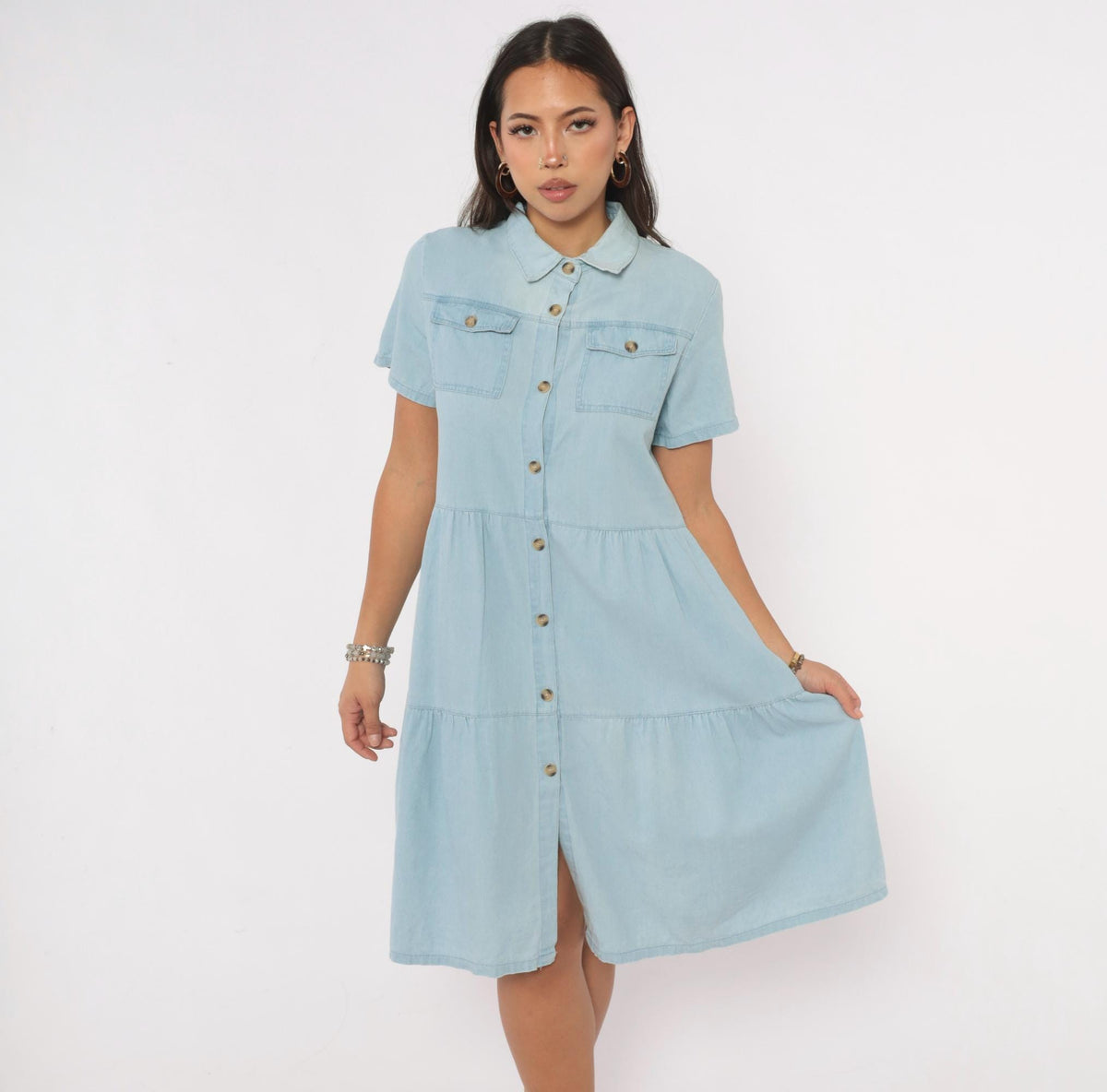 90s Light Blue Chambray Denim Shirt Dress Tiered Knee-Length Cotton Small S