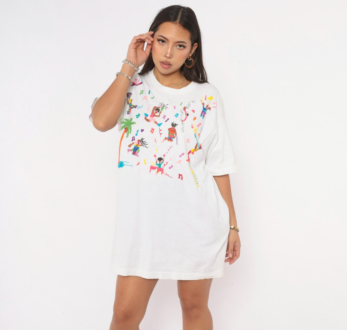 90s Swan Swan & Design Embroidered Tee White Cotton Musicians Palm Tree Large L