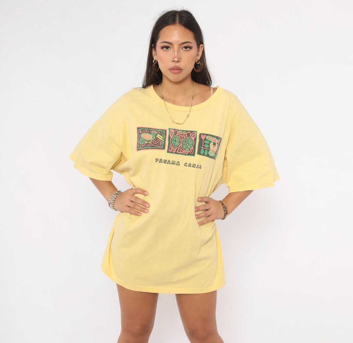 90s Panama Canal Souvenir Tee Yellow Cotton Toucan Turtle Bird Graphic Extra Large