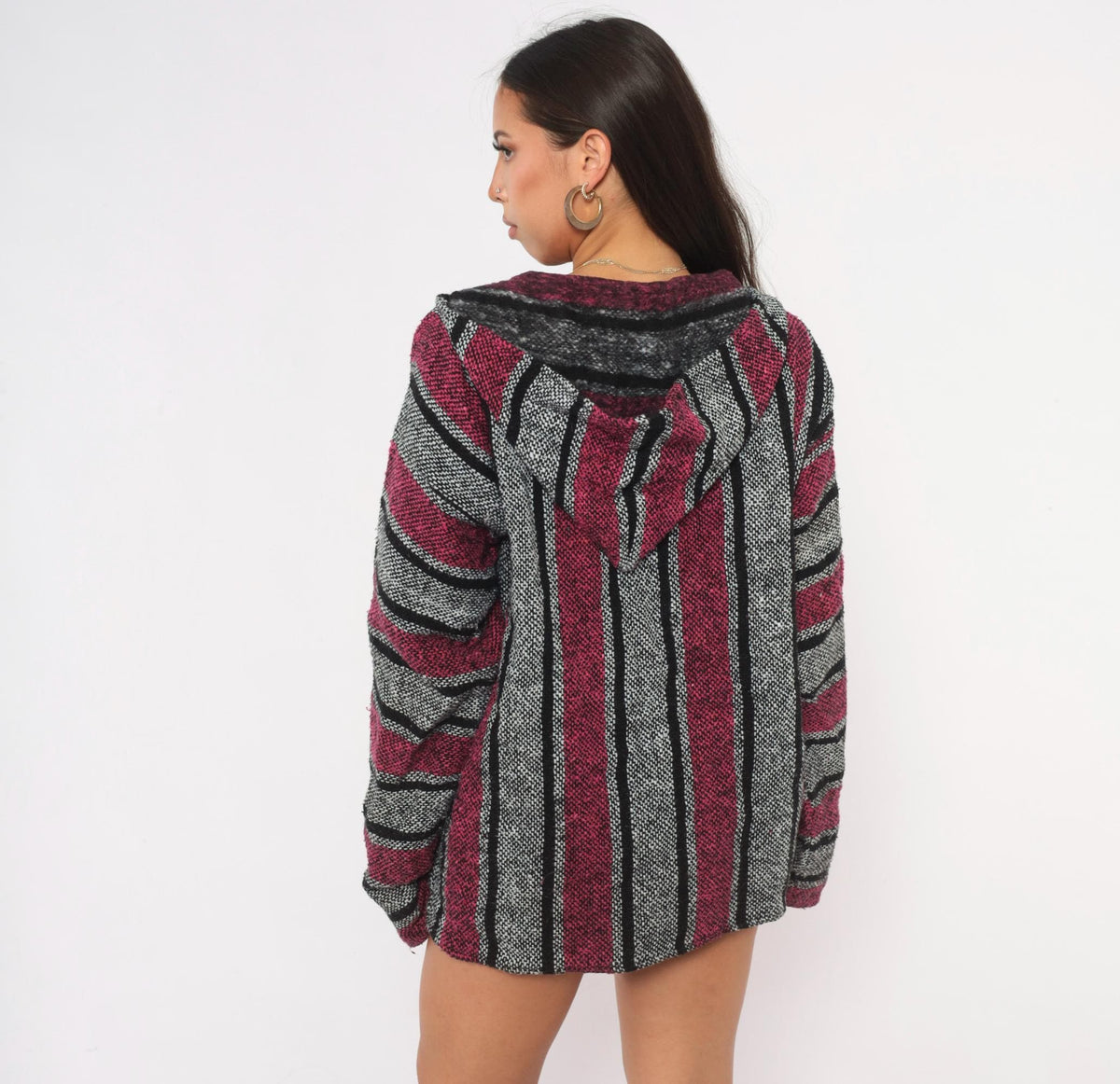 90s Baja Hoodie Pink Black Grey Striped Woven Pullover Large L