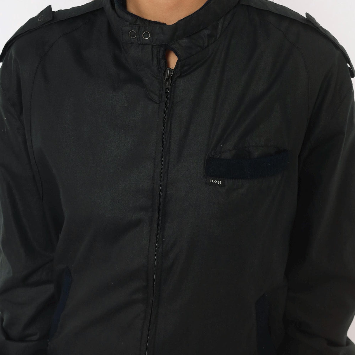 80s Bog Black Bomber Jacket Cotton Epaulette Stand Collar Small