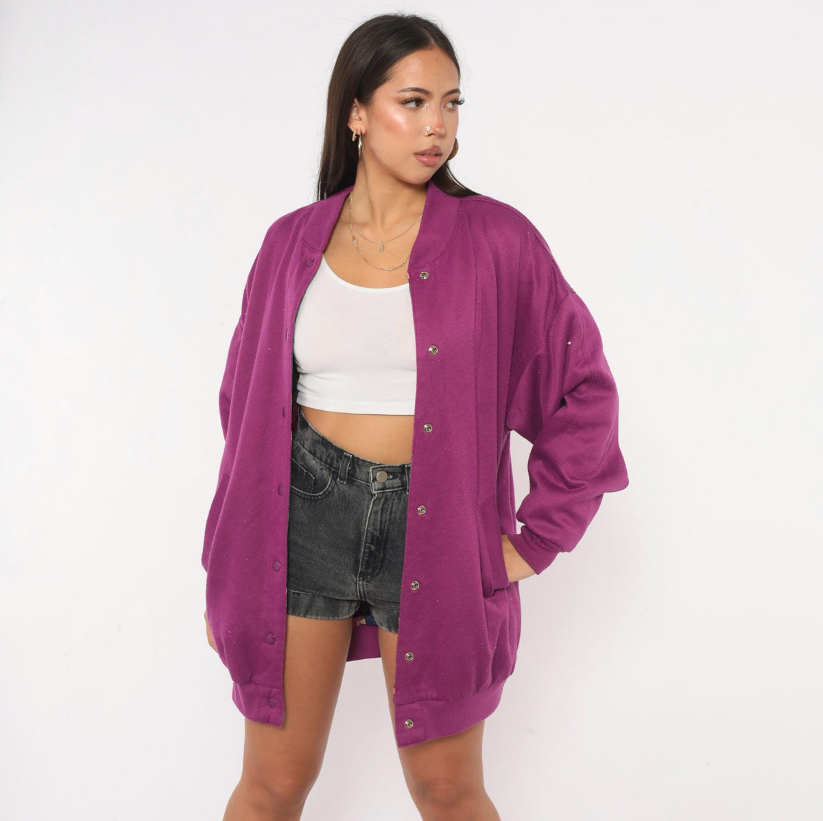 80s Abstract Reversible Bomber Jacket Purple Green Geometric Snap Front Medium