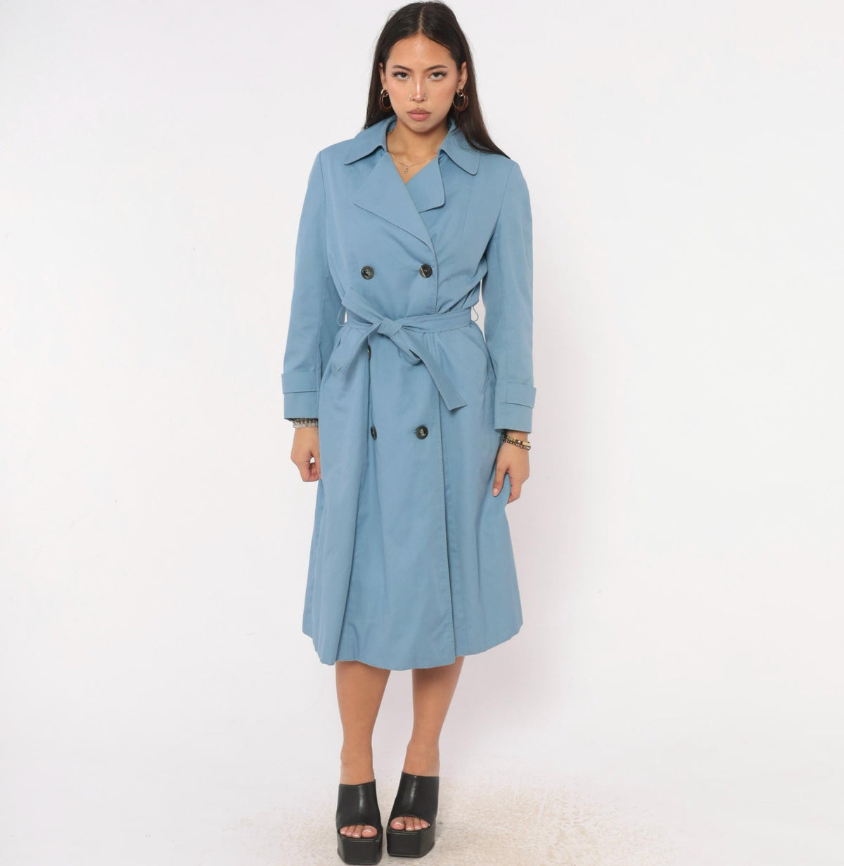 70s Aquascutum Light Blue Trench Coat Double Breasted Cotton Small