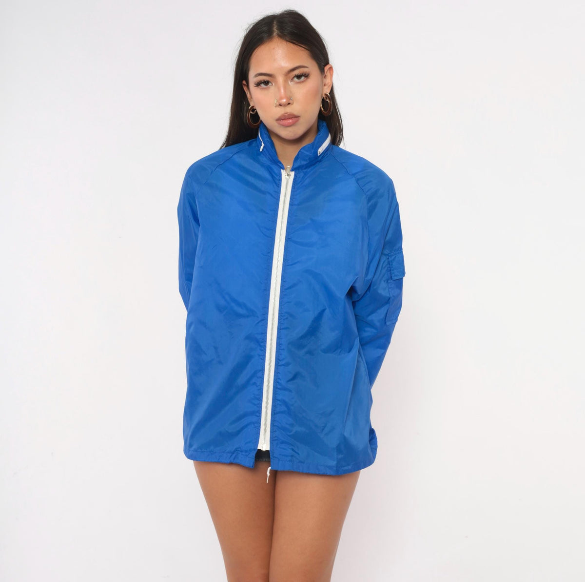 70s Cobalt Nylon Windbreaker Jacket Hooded Raglan Zip Front Royal Blue Medium