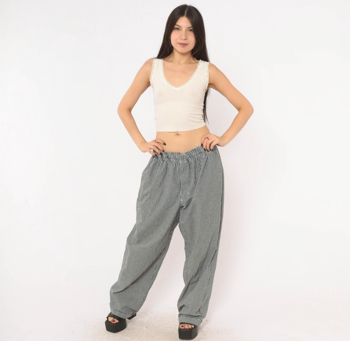 90s Newchef Fashions Black White Gingham Chef Pants Cotton Large L