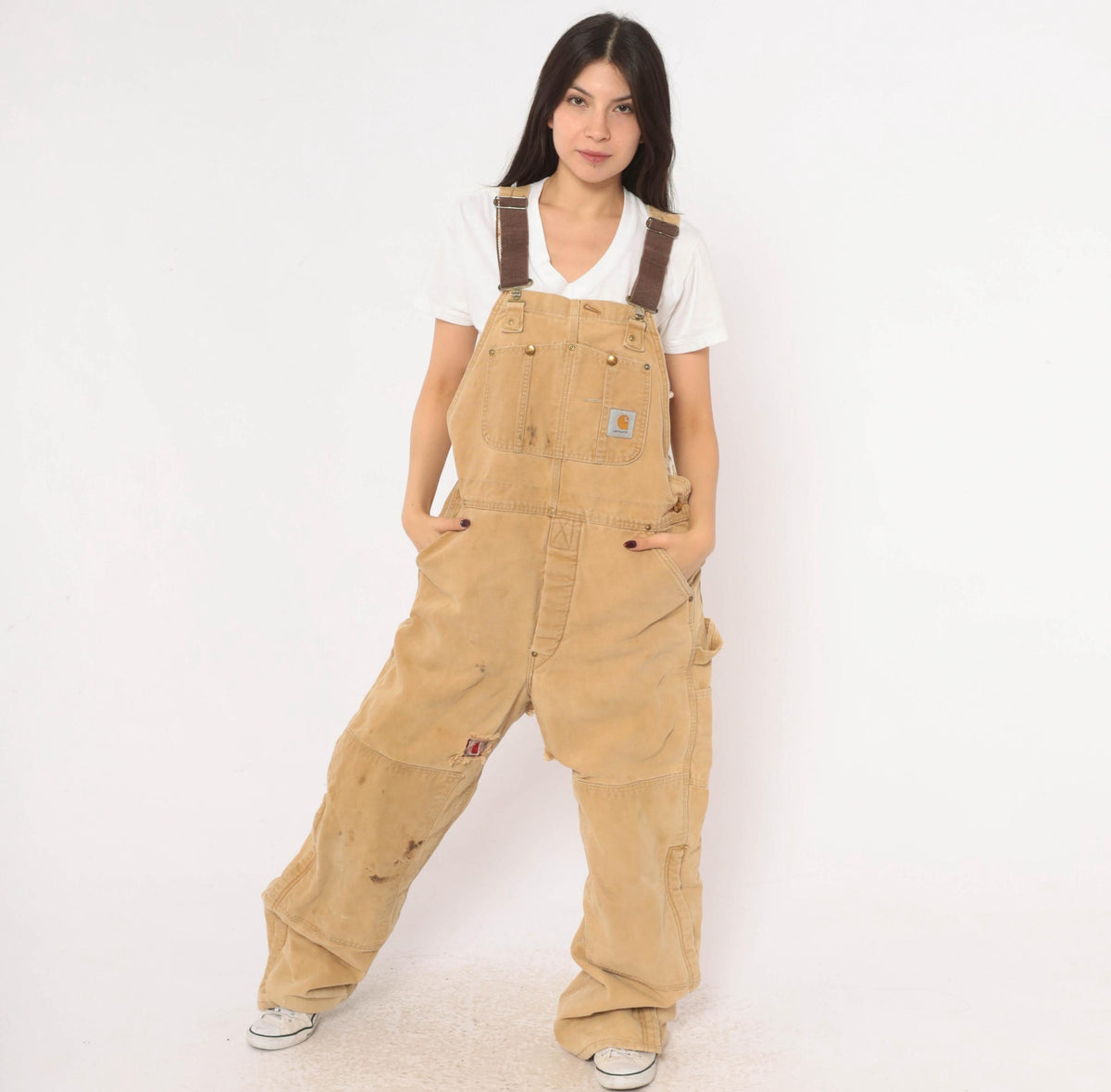 90s Carhartt Tan Duck Canvas Bib Overalls Distressed Workwear Small