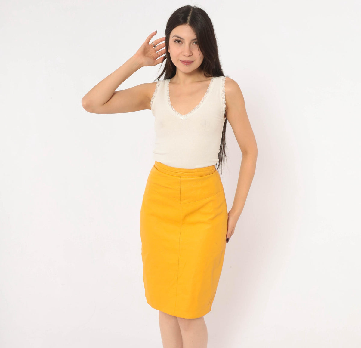 90s Forenza Mustard Yellow Leather Pencil Skirt High Waist Knee Length Extra Small XS