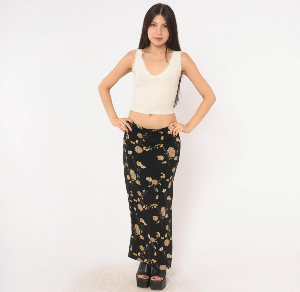 90s Black Floral Skirt Ankle Length Straight Daisy Rose Print Large L