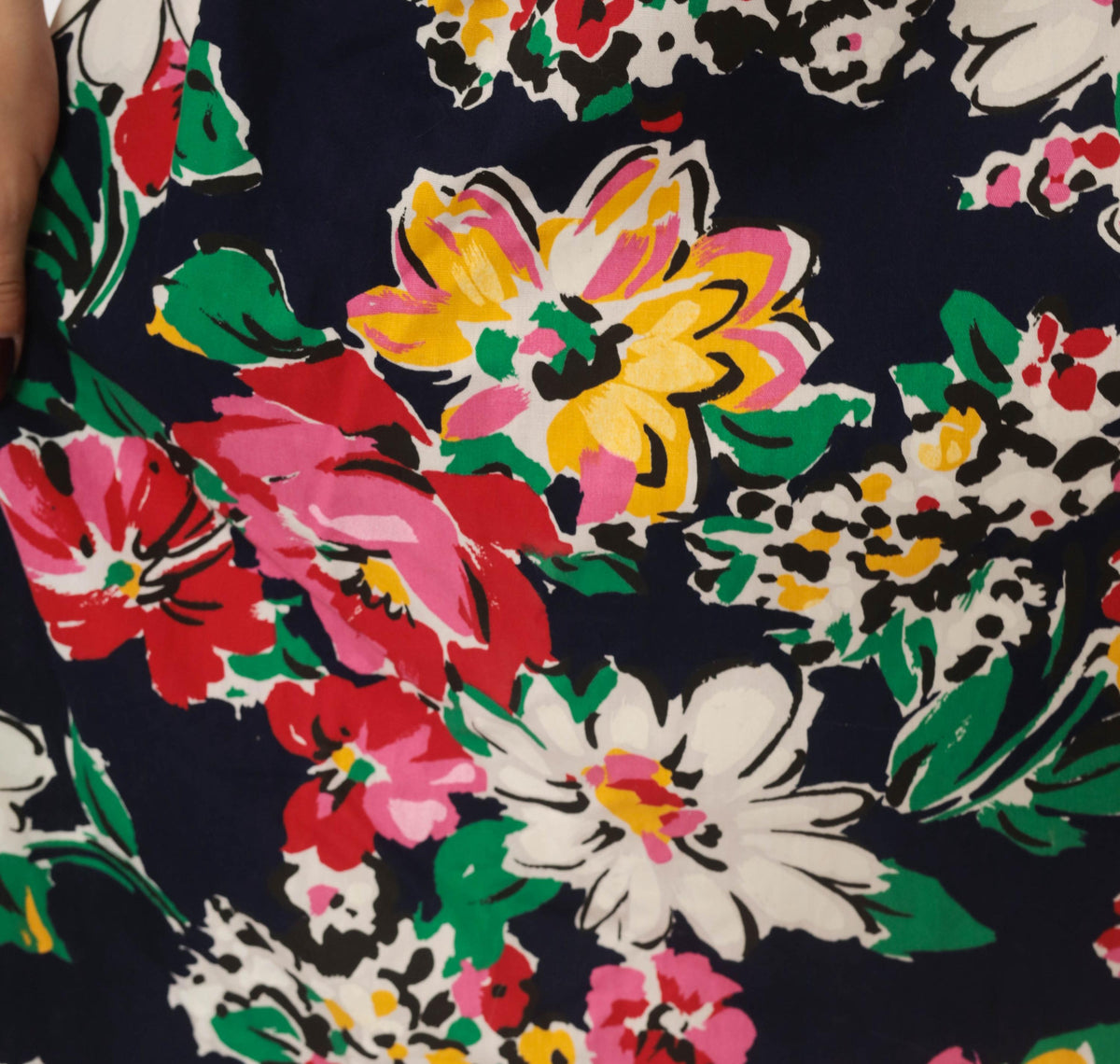 80s Navy Floral Midi Skirt A-Line Daisy Print Cotton Small S