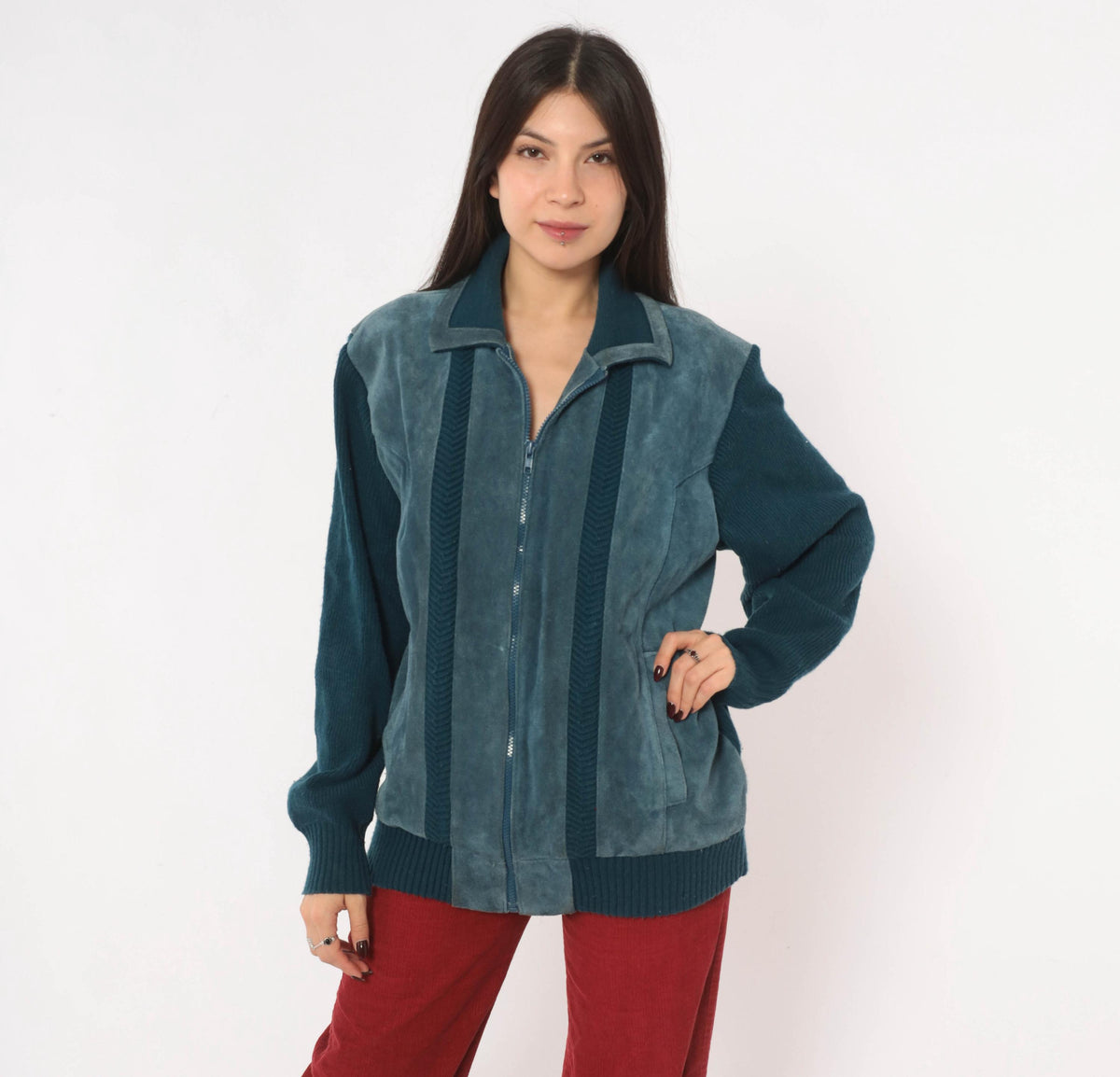 80s Mervyn's Navy Blue Suede Leather Cardigan Knit Zip Jacket Large
